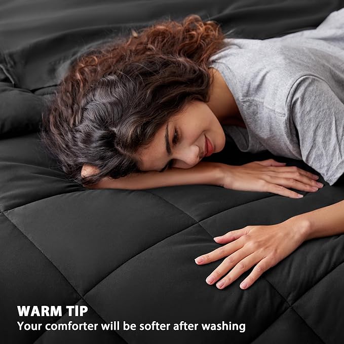 Love's Cabin Oversized Queen Comforter Set, 7 Pieces Queen Bed in a Bag, All Season Bedding Sets with 1 Comforter, 1 Flat Sheet, 1 Fitted Sheet, 2 Pillowcase and 2 Pillow Sham, Black