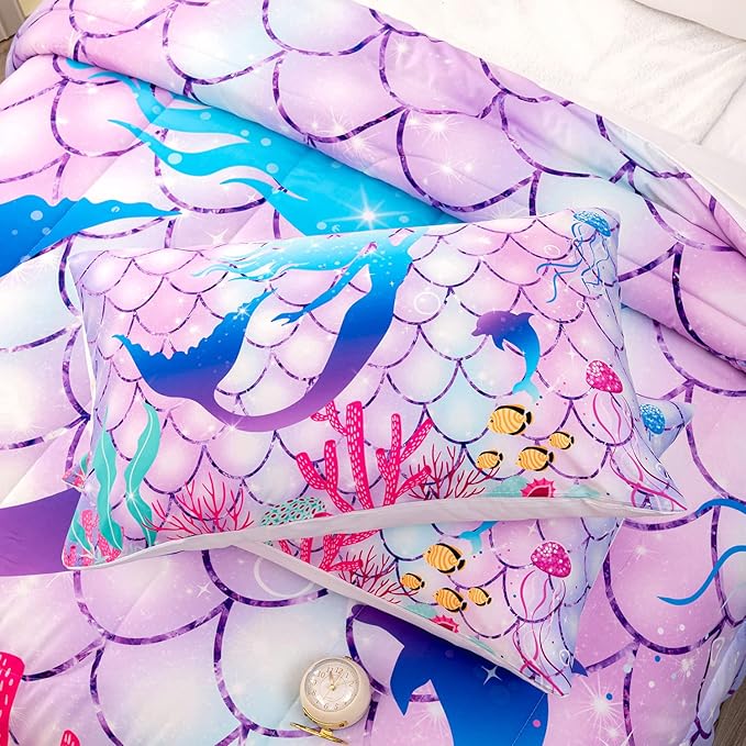 CVHOUSE Mermaid Comforter Set,Rainbow Mermaid Bedding Set for Girls Kids Teens,Rainbow Mermaid Comforter Mermaid Duvet Set Room Decor Quilt Set Twin Size