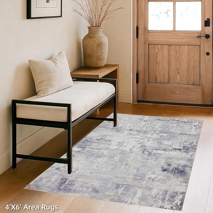 RCTJHOME 4'x6' Washable Area Rugs for Hallway, Non Slip Dining Room Rugs, Soft Low Pile Entryway Indoor Mat, Moroccan Accent Carpet for Kitchen, Living Room and Bedside, Light Grey White Watercolor