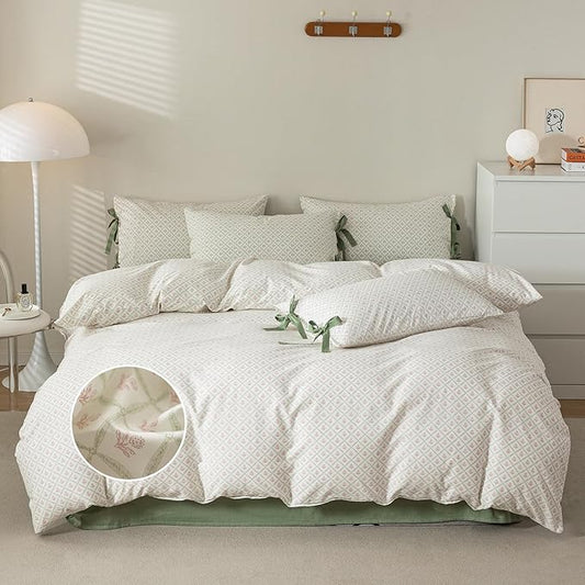 mixinni Red Floral Duvet Cover Set Queen Size - 100% Cotton Green Grid Bedding with Bow Ties, 3PC Cottagecore Comforter Cover (1 Duvet Cover + 2 Pillowcases) Vintage Garden Style Soft Aesthetic