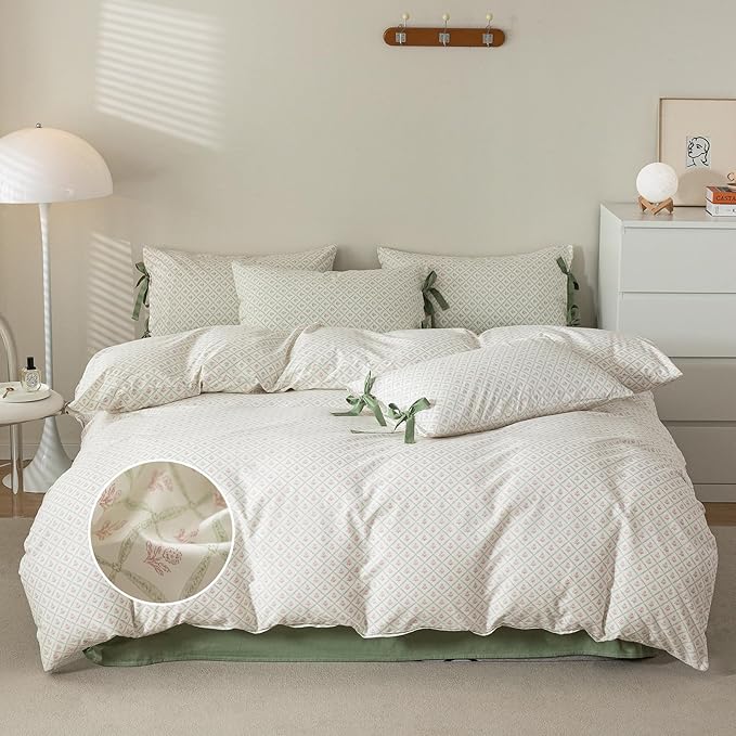 mixinni Red Floral Duvet Cover Set Full Size - 100% Cotton Green Grid Bedding with Bow Ties, 3PC Cottagecore Comforter Cover (1 Duvet Cover + 2 Pillowcases) Vintage Garden Style Soft Aesthetic