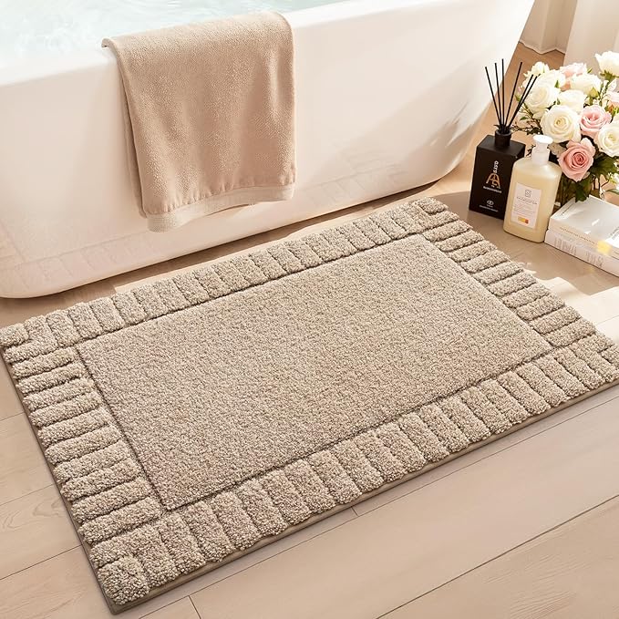 LUMI Bathroom Rugs Non Slip with Rubber Backing, Extra Soft Plush Microfiber Bath Rug Absorbent, Machine Washable Bath Mat Quick Dry for Tub, Shower, Hotel, Beige, 16"x24"