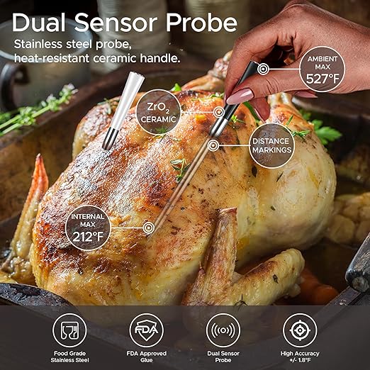 750ft Wireless Meat Thermometer Long Range for Smoker, BBQ & Rotisserie, 3 Probes Smart Bluetooth Thermometer Dual Sensor Waterproof Probe with LCD Base Station Display & App Control
