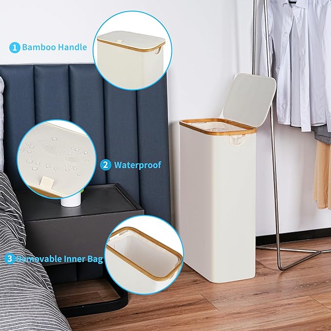 efluky Slim Laundry Basket with Lid, Narrow Laundry Hamper with Removable Bag, Skinny Dirty Clothes Basket with Bamboo Handles for Bathroom, Bedroom & Laundry Room, 75L Beige