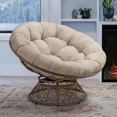 Bme Metal Oversized Swivel Papasan Chair, Living Room Chair with Beige Cushion, Brown Frame, 360° Swivel, Skillfully Woven Resin Wicker, 46 Inch Wide, Bee-Designed Base, Modern Style, Indoor Use