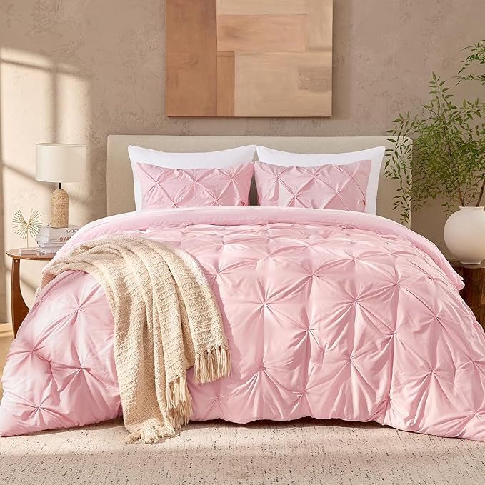Andency Pink Comforter Set King(104x90Inch), 3 Pieces Soft Lightweight Cute Pinch Pleat Bedding Comforters & Sets, All Season Western Warm Down Alternative Bed Set for Girls Women