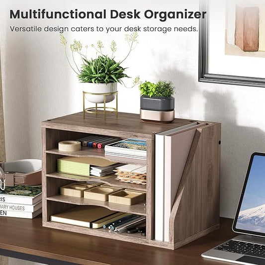 File Organizer Desktop, Wood Desk Organizer with 3 Adjustable Shelves, Mail Paper Sorter for Office, Home, File Holders for Envelopes, Mail Supplies or Magazines, Greige