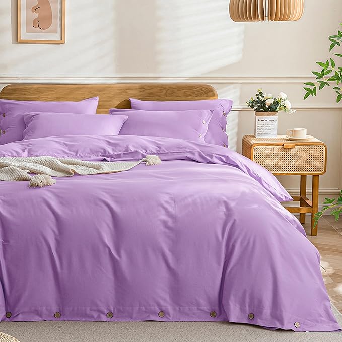 JELLYMONI Cotton Duvet Cover King Size - Light Purple Comforter Cover with Button 100% Washed Cotton 3PCS Breathable Soft Solid Bedding Set Duvet Cover 104×90in & 2 Pillowcases (NO Comforter)