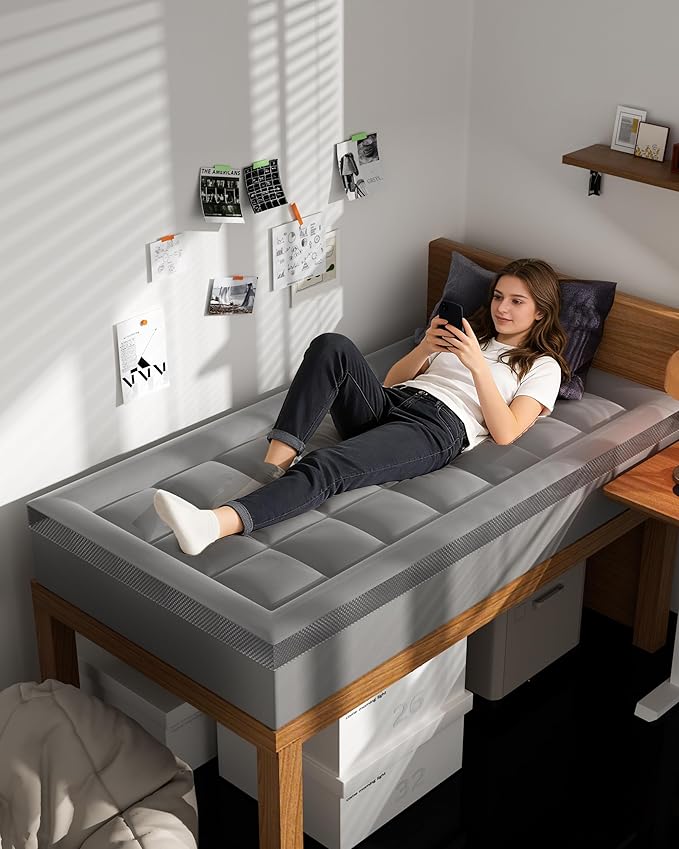 Dual Layer Memory Foam Twin XL Mattress Topper - 2 Inch Gel Egg Crate Foam and 2 Inch Cooling Pillow Top Cover Rayon, Twin XL Extra Long College Dorm Room Essentials (Grey)