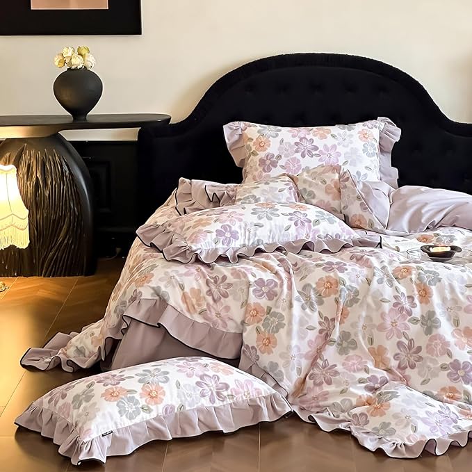 HighBuy Purple Floral Duvet Cover Twin XL Ruffle Lace Design,Premium Brushed Cotton Coquette Rose Floral Comforter Cover Set for College,Farmhouse Bedding Set with 2 Pillowcases