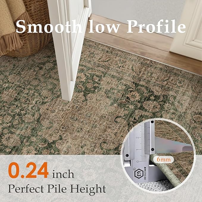 2x6 Washable Vintage Runner Rug Green Brown Hallway Kitchen Carpet Non-Slip Soft Low Pile Distressed Throw Rug for Bedroom Bathroom Laundry Living Room