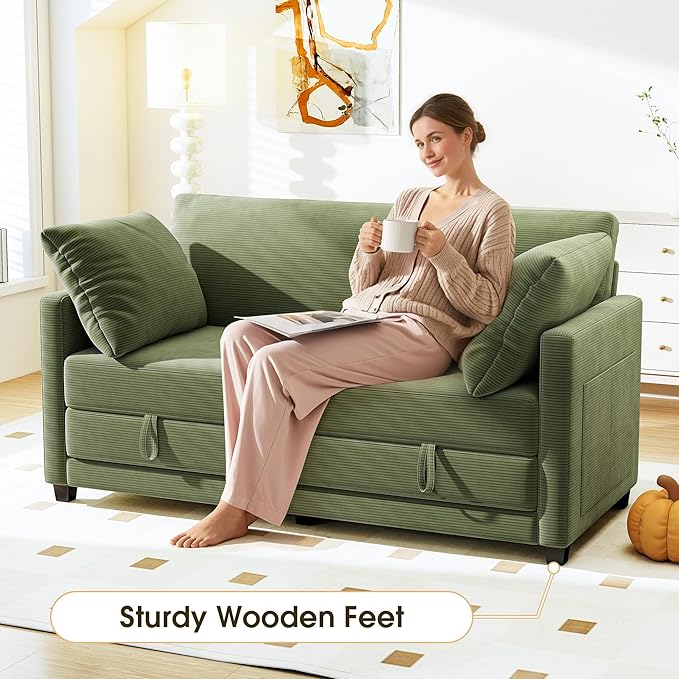 65" Convertible Loveseat Sofa Bed, 2-in-1 Folding Sofa Bed with 2 Pillow for Small Spaces, Modern Loveseat Sleeper Couch for Apartment, Living Room & Guest Room (Green Corduroy, 65 inch)