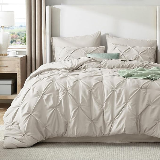Bedsure Twin Comforter Set Linen - Bed in a Bag Twin Size Bedding 5 Pieces, GentleSoft™ Pintuck Bed Set Gift for Family, Pinch Pleat All Season Comforter with Sheets, Pillowcases & Shams