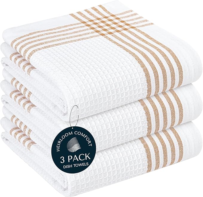 Brown and White Cotton Kitchen Towels 3 Pack, Waffle Weave, 16x26 Inch, Super Absorbent, Reversible, Quick Dry Dishcloths for Drying Dishes, Cleaning, Reusable, Everyday Use