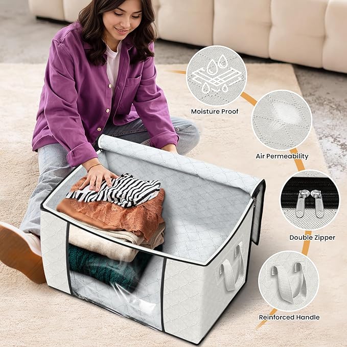 Fab totes 24 Gallons Clothes Storage, Foldable Thick Fabric Blanket Storage Bags, Containers for Organizing Bedroom, Closet, Clothing, Comforter, Organization with Handle (6 Pack,Ivory)