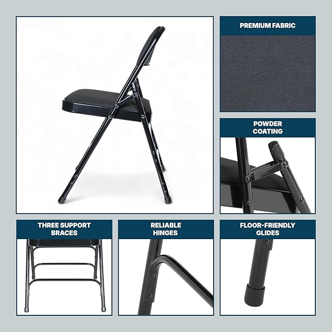 OEF Furnishings OEF2300 Series Heavy-Duty Premium Fabric Padded Upholstery Double-Hinged Triple-Braced Folding Chairs (4-Pack, Classic Black)