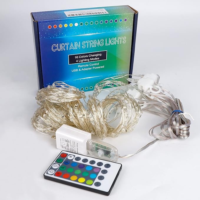 HOME LIGHTING Window Curtain String Lights, 300 LED RGB 16 Colors Changing Fairy Lights, 4 Modes with Remote, USB & Adapter Powered for Halloween Christmas Party Wedding Home Garden Wall Decorations