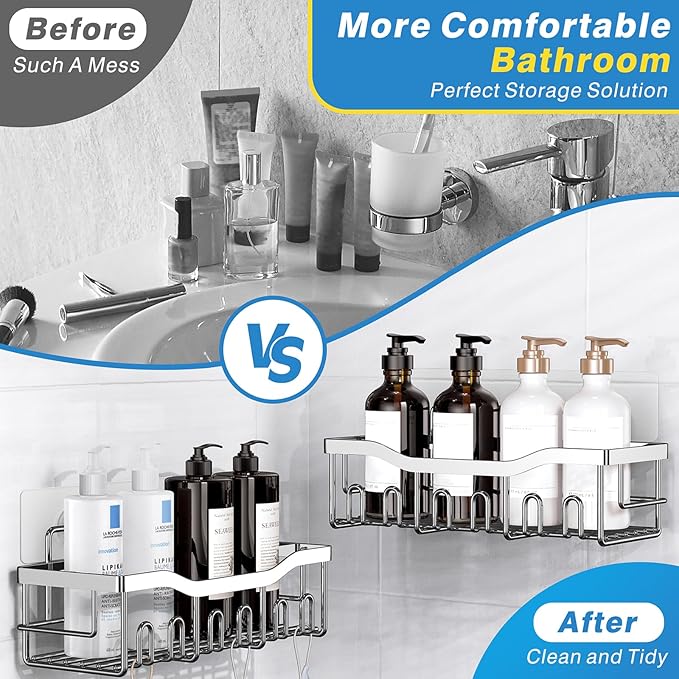 EUDELE 5-Pack Rustproof Stainless Steel Shower Caddy – No Drill Adhesive Bathroom Organizer with Large Capacity, Spacious Shower Shelves for Inside Shower, Kitchen & Home Decor Storage-XL Size