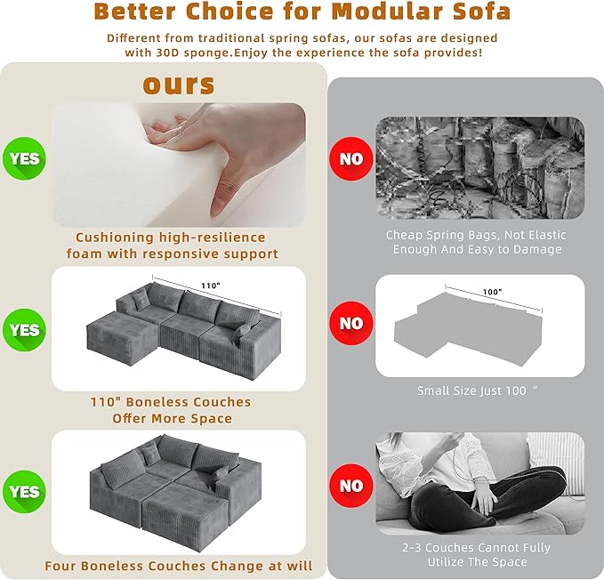 110" Cloud Couch Sectional for Living Room L-Shape Boneless Couches Modular Sectional Sofa with Deep Seat Plush with Chaise,No Assembly Required, Carbon Gray(Plush Corduroy Fabric)