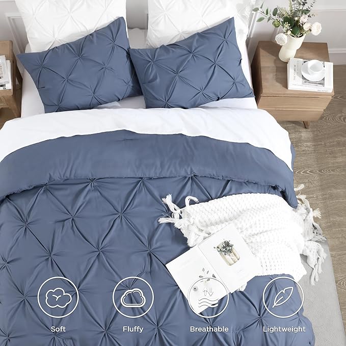 Andency Dark Blue Grey Queen Comforter Set, 3 Piece All Season Decorative Pintuck Bedding Comforter & Sets, Dark Blue Grey Soft Microfiber Lightweight Washable Bed Set for Queen Size Bed