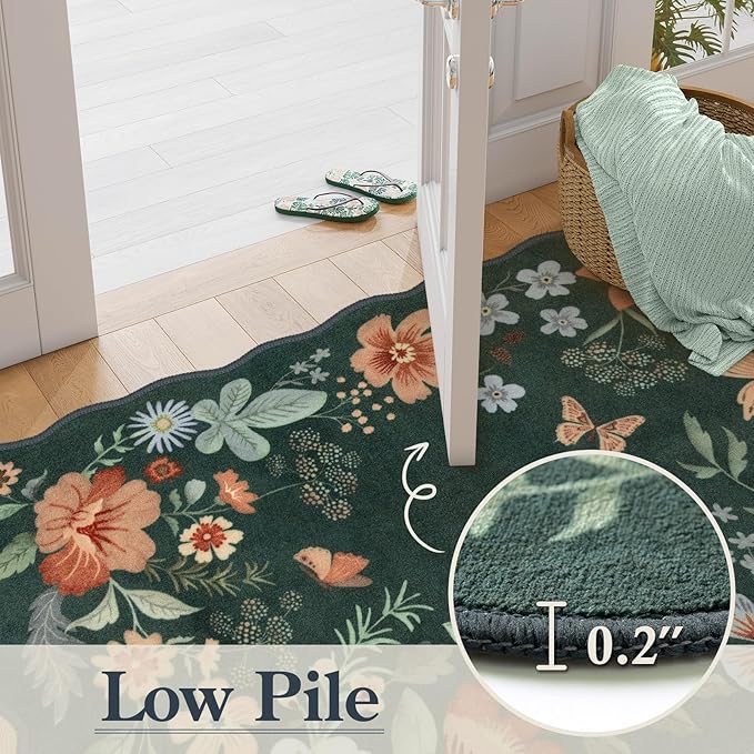 Lahome Floral Kitchen Runner, 2x5 Rug Runners for Hallways Non Slip Ultra-Thin Soft Non Slip Washable Runner Low-Pile Stain Resistant Boho Carpet for Bathroom Bedroom(2x5ft,Dark Green)