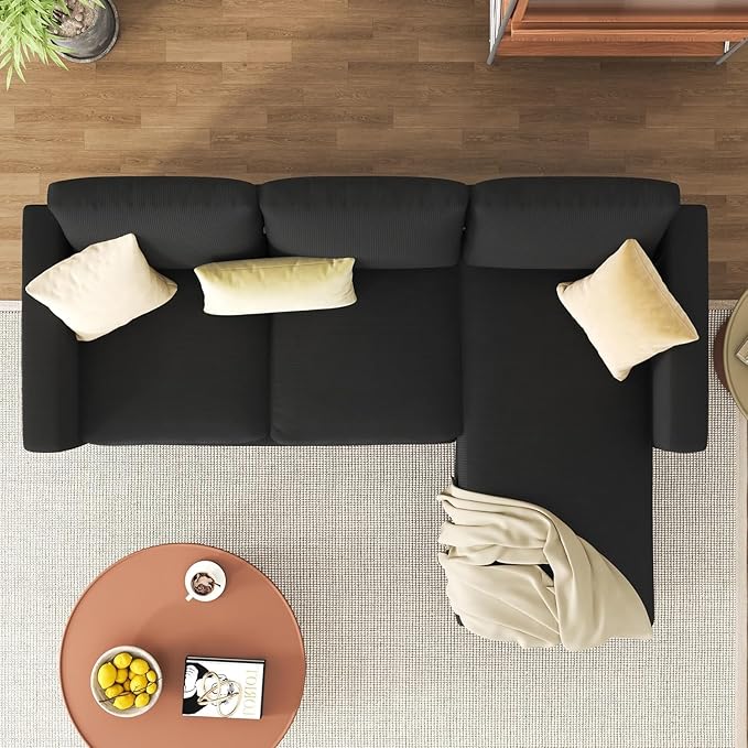 JAMFLY 3-Seat Convertible L-Shaped Sectional Sofa with Reversible Ottoman, Upholstered Fabric Couch for Small Living Rooms, Modern Modular Couch for Apartment, Studio & Loft, Black