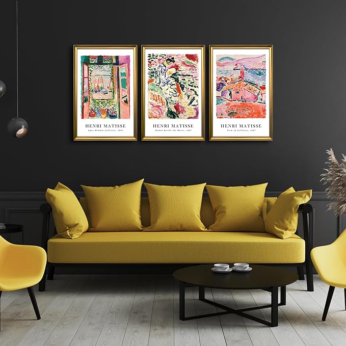 Wieco Art Framed Wall Art 3 Piece Henri Mattise Art Abstract Colorful Matisse Posters Canvas Prints for Wall and Home Office Decorations Bronze Gold Frame