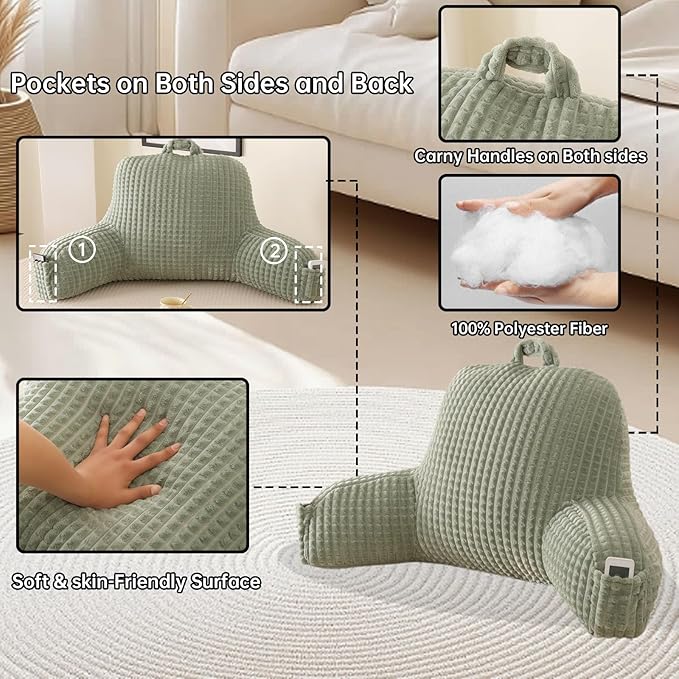 Reading Pillow for Sitting in Bed, Large Backrest Reading Pillow with Arm Rest,Back-Rest Support Cushion for Sit Up on Couch, Sofa, and Floor, Dorm Essentials (Green Flannel, Standard(17inch))