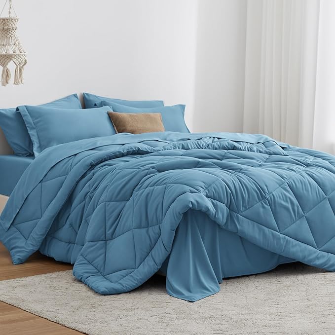 Love's cabin California King Comforter Set Misty Blue, 7 Pieces California King Bed in a Bag, All Season Bedding Sets with 1 Comforter, 1 Flat Sheet, 1 Fitted Sheet, 2 Pillowcase and 2 Pillow Sham