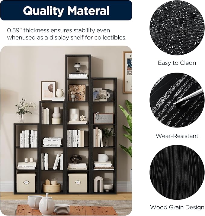 5 Cube Storage Organizer Single Row, Cube Shelf with Heavy-Duty Thick Boards, 13.31" L x 9.37" W x 60.55" H, Smooth Easy-Clean Panels, Simple Assembly, for Living Room Bedroom Office, Black