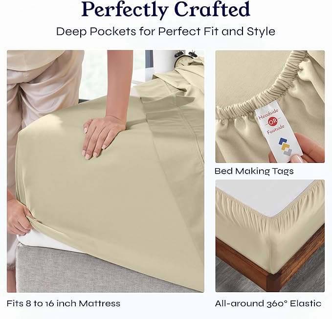 California Design Den 6 Piece Queen Sheet Set with 4 Pillowcases - Soft 400 Thread Count Sateen, 100% Cotton Sheets Queen Size Bed Set with Deep Pockets, Durable Bedding - Beige (Golden Tone) CaliforniaDesignDen