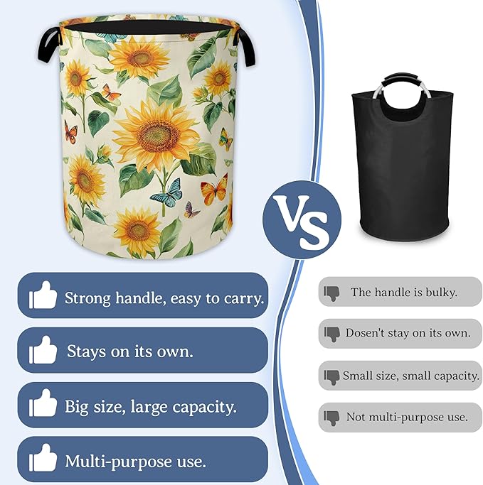 Vintage Sunflowers Laundry Hamper With Handle,Foldable Oxford Cloth Butterfly Flower FLaundry Basket,20.8"x16" Clothes Storage Basket for Laundry Room Bedroom Bathroom