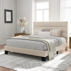 Allewie Full Size Platform Bed Frame with Velvet Upholstered Headboard and Wooden Slats Support, Fully Upholstered Mattress Foundation/No Box Spring Needed/Easy Assembly, Cream