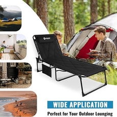VILLEY Oversized Padded Chaise Lounge with Cushion, Foldable Camping Cot, Patio Reclining Lounge Chairs, Folding Sleeping Bed for Outdoor, Indoor, Backyard, Garden, Camping, Relaxing, Beach Tanning