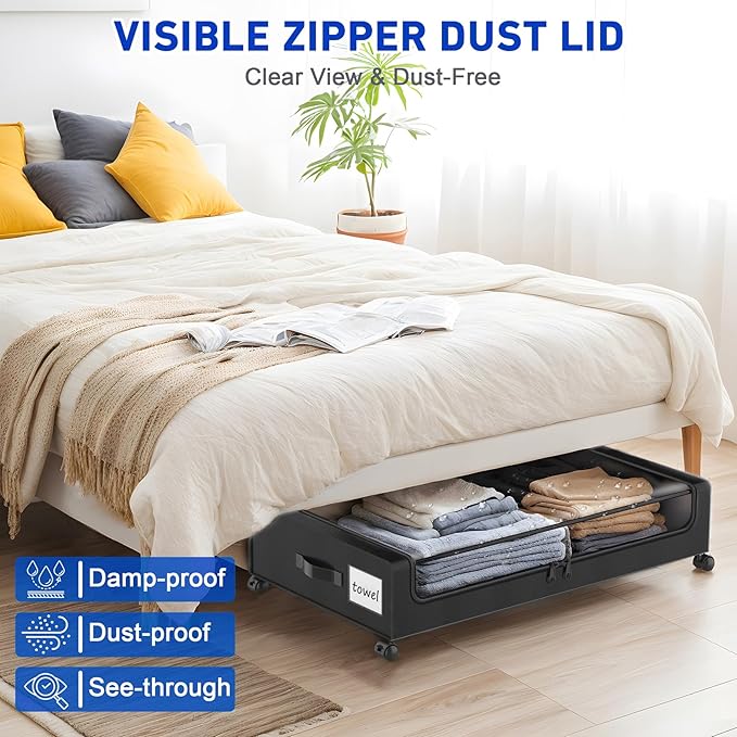 Beborxue Under Bed Storage with Wheels, 4-Pack UnderBed Storage Containers with Clear Lids, XXL 60L Under the Bed Storage Organizer Bins, Rolling Under Bed Metal Drawer for Clothes,Shoes,Toys (Black)