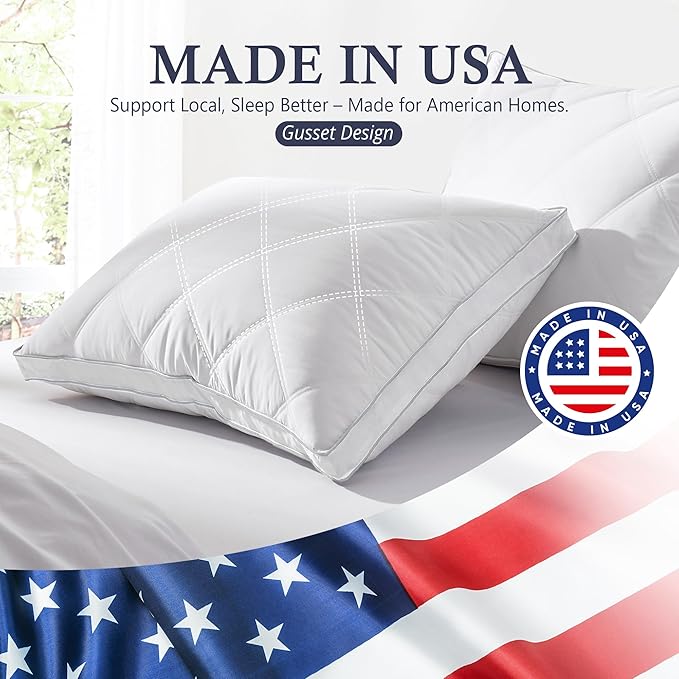 puredown® Made in USA Goose Feathers and Down Gusseted Pillows, 100% Cotton Cover, Pillows King Size Set of 2, Hotel Luxury Gusseted Bed Pillows for Sleeping