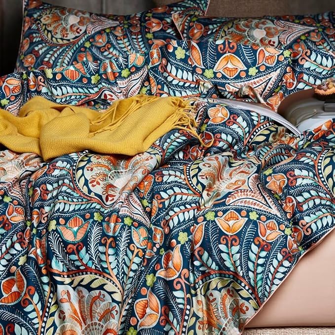 MKXI Blue Comforter Set Queen Pink Paisley Patterned Floral Bedding Comforter Set Boho Bed Quilt Summer Comforter 90"x 90"