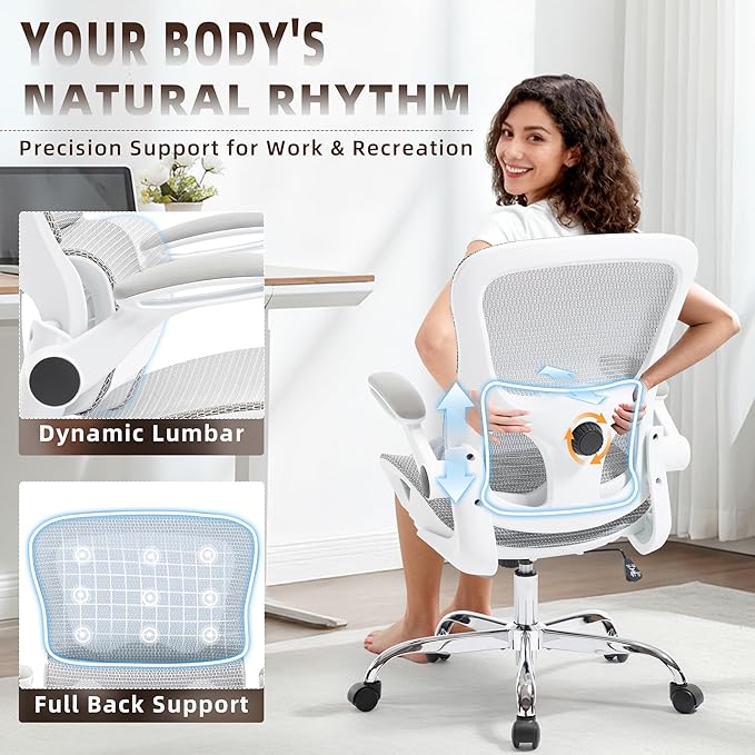 Office Chair, Ergonomic Desk Chair with Adjustable High Back 2D Lumbar Support Flip-up Armrests, Executive Breathable Mesh Comfy Swivel Rolling Computer Task Chair for Home Office Study Work Gaming