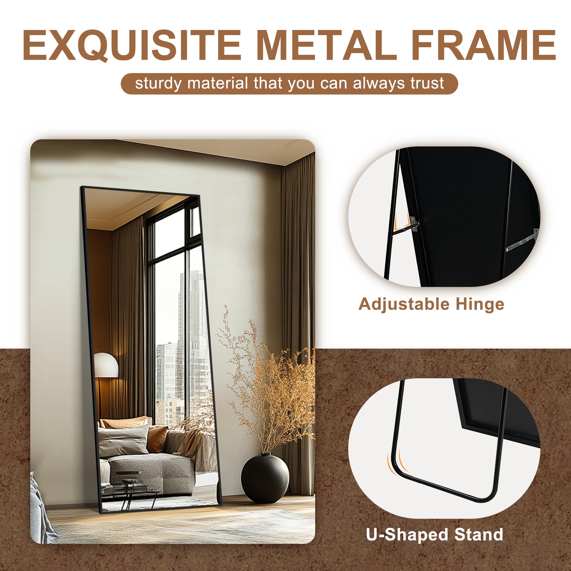 Delma Wall Full Length Mirror,Standing Mirror Full Body,Large Floor for Wall Door Bedroom Bathroom Living Room with Aluminium Frame(with Stand,56x15-Black) Dormly