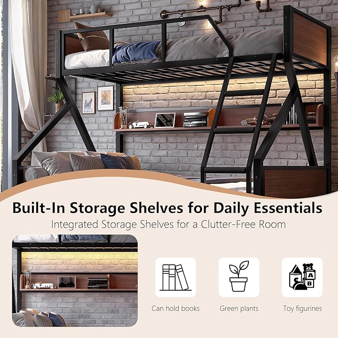 Bellemave Twin XL Over Queen Bunk Bed with Shelves, Metal Bunk Beds with Ladders and Lights, Heavy-Duty Bunkbed for Bedrooms, Guest Rooms and Dorms, No Box Spring Needed and Noise-Free Design, Black