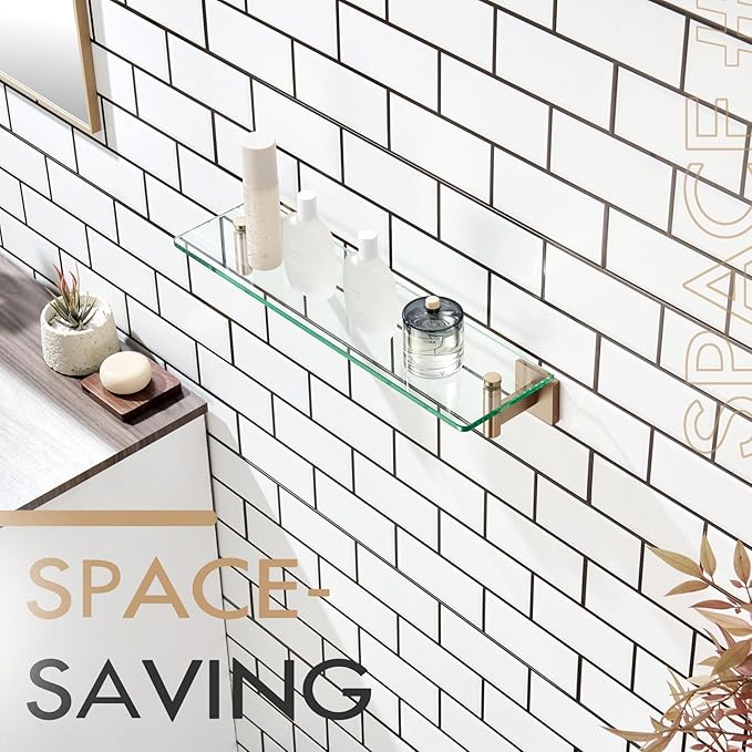KOKOSIRI Wall Shelves Bathroom Hardware Glass Floating Shelf 20-Inch for Bedroom, Living Room, Kitchen, Hanging Rack Champagne Bronze B1105CPG-L20