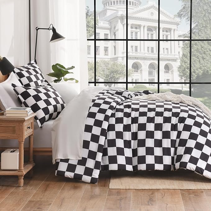 Andency Checkered Comforter Queen(90x90Inch), Black White Plaid Gingham Buffalo Grid Bed Set for Boys Kids Teens, 3 Pieces Lightweight Microfiber Geometric Preppy Bedding