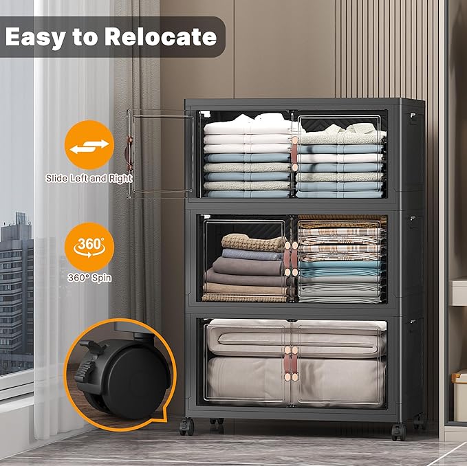 Extra Large Stackable Storage Bins with Lids & Wheels & Door, 336QT-112QT/28GAL*3Pack Foldable Collapsible Closet Organizers, Plastic containers drawers for bedroom Dorm