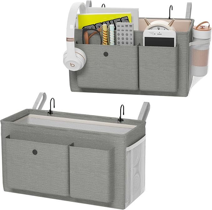 Bedside Caddy Bedside Organizer with Fixed Straps & Water Bottle Holder, Bunk Bed Caddy ideal for Home, Dorm, Hospital, Crib, Versatile Bedside Storage Solution (Grey 2pcs)