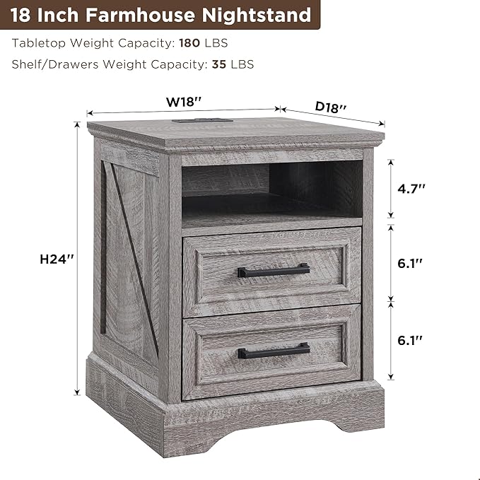ACCOHOHO 18" Farmhouse Nightstand with Charging Station,End Table with 2 Drawers Storage,Side Table,Bedside Cabinet for Bedroom,Living Room,Grey
