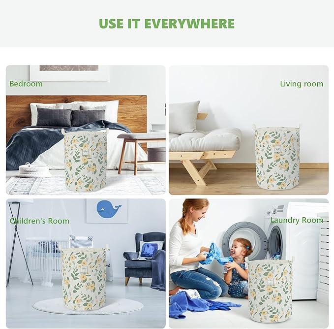 Large Foldable Laundry Basket Organizer Holder portable tall collapsible laundry hamper nusery Storage Basket Bin with Handles Closure (Waterproof Lining, Floral Green Orange)