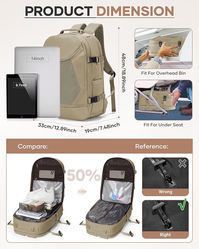 Vacuum Backpack Travel with Pump, Expandable Travel Backpack with Vacuum System, Vacuum Compression Bags Personal Item Carry On Suitcase Luggage Flight Approved Backpacks for Women Men, Brown