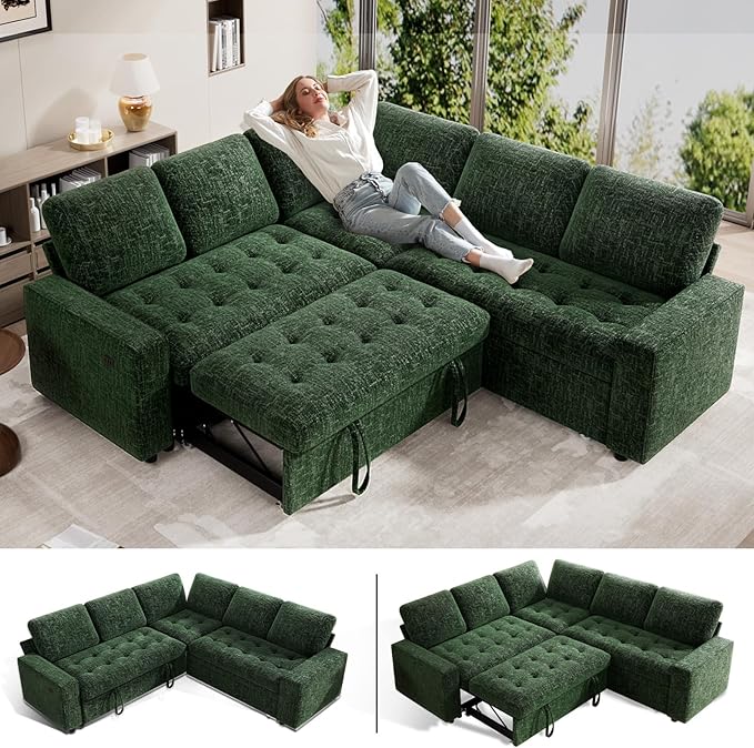 WEUP 5 Seat L Shaped Sectional Sleeper Sofa Bed with Pull Out Bed, Chenille Sectional Sleeper Couch with Adjustable Backrest, USB Ports & Storage Seat, Tool-Free Assembly, Chenille Green