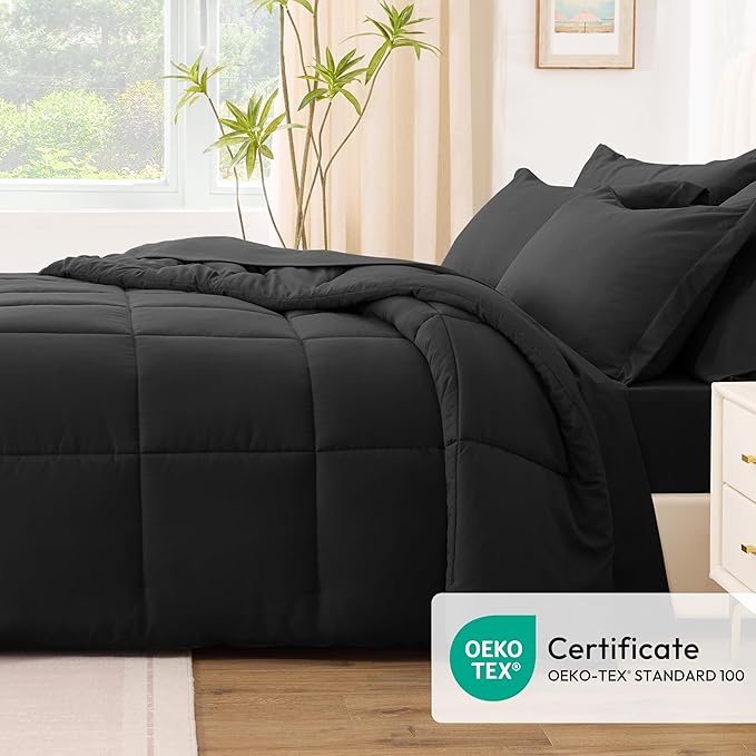 Love's cabin Twin XL Comforter Set Ash Black, 5 Pieces Twin XL Bed in a Bag, All Season Bedding Sets with 1 Comforter, 1 Flat Sheet, 1 Fitted Sheet, 1 Pillowcase and 1 Pillow Sham