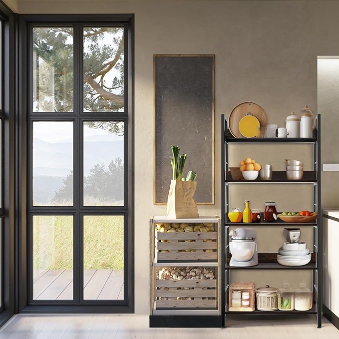 Himimi Industrial Ladder Shelf, Rustic 5 Tier Leaning Bookshelf, Wood Metal Ladder Bookcase, Plant Flower Stand Rack Book Storage Shelves for Living Room, Bedroom, Home Office